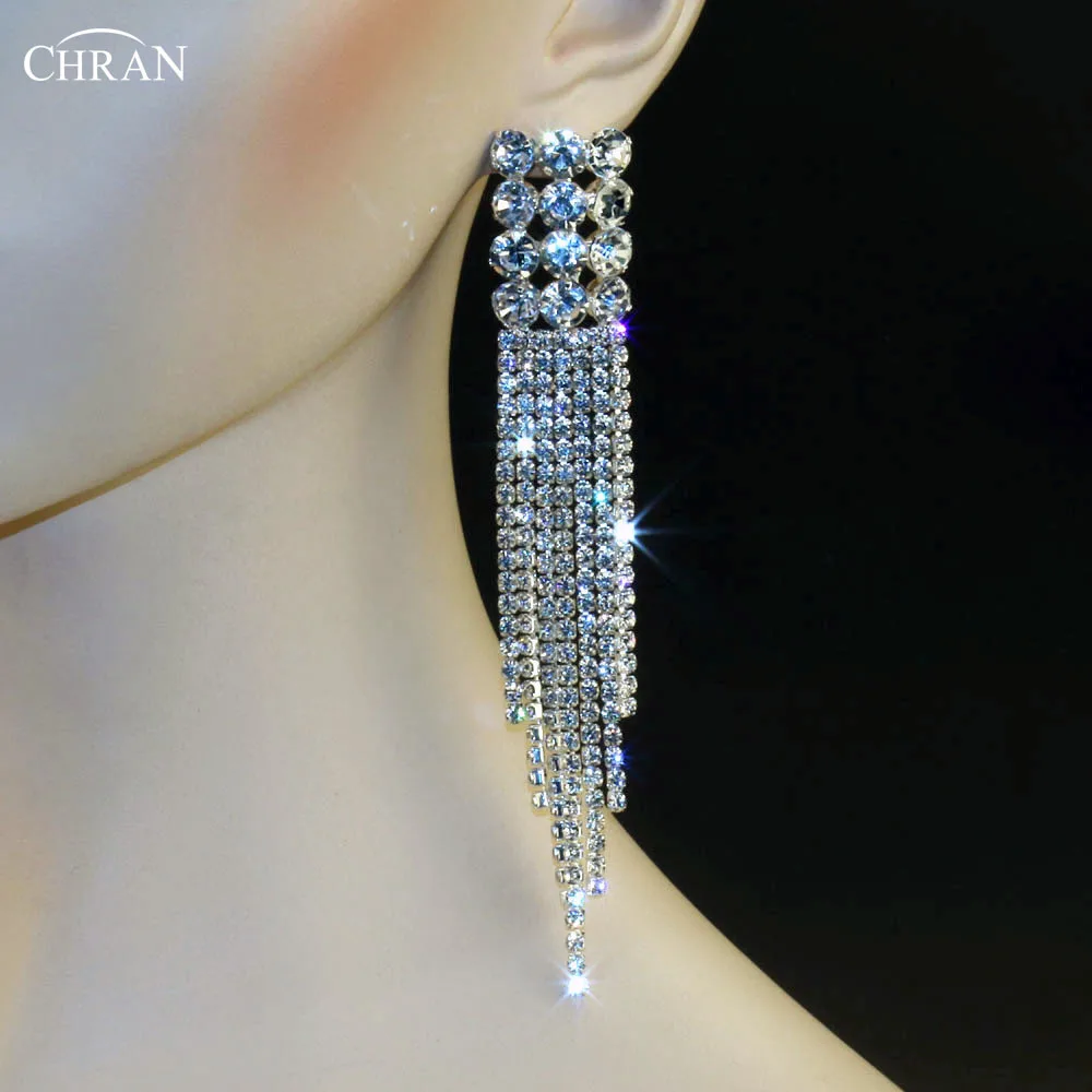 Chran Посеребренная Кристалл Rhinestone люстра серьги длинные Ленточки Серьги Jewelry