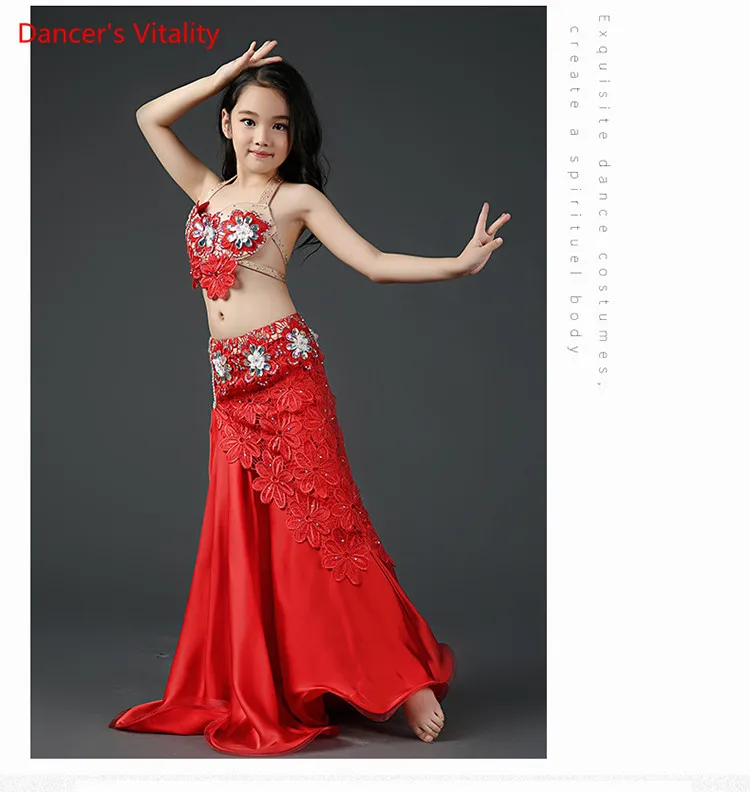 Роскошные Модальные+ Кружева Высокого Качества Костюмы Bellydance Kid Девушки Производительность Танец Живота Горный Хрусталь Бюстгальтер Топ+ юбка 2 шт. / Компл