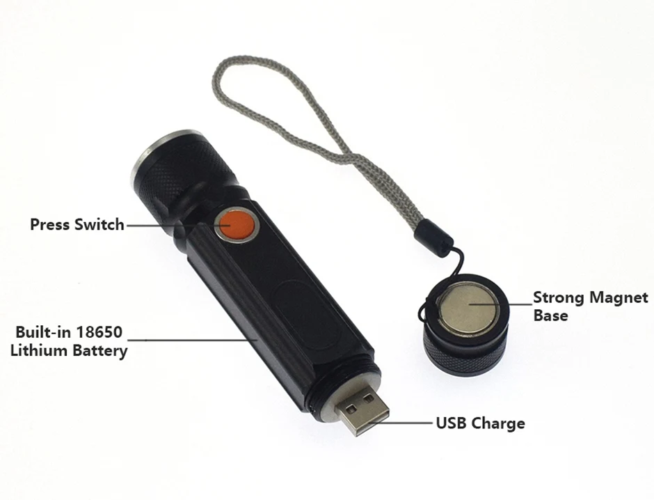 USB Перезаряжаемый Аккумулятор для светодиодного фонарика XML-T6 фонарь на светодиодах COB боковой свет Электрический фонарь ночник Сильный Магнит База ночник