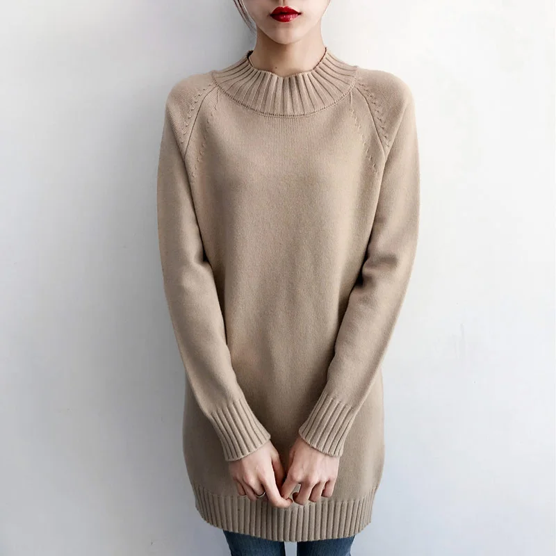 Пуловер женский средней длины Осень-зима 2019 свободный с полувысоким воротником