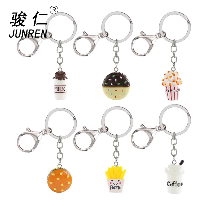Cute Imitation food Keychain Hamburger fries coffee milk popcorn cookies Key Chain Alloy resin Keyring Accessories Jewelry | Украшения и