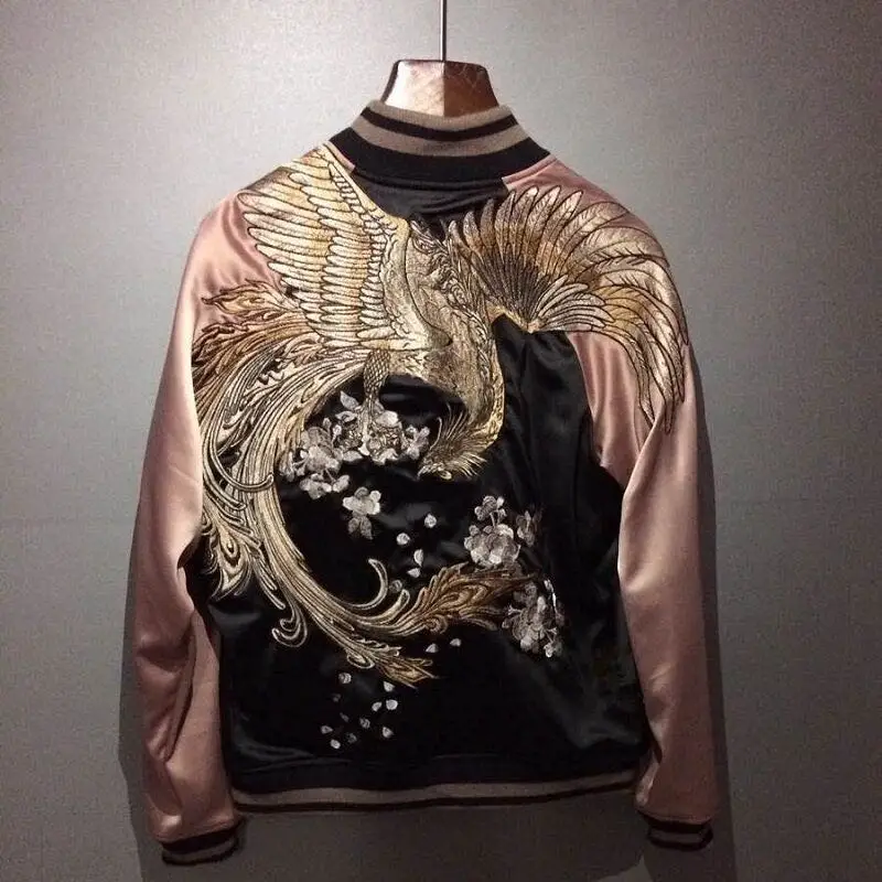 Womens Unisex Japanese Embroidered Sukajan Souvenir Flight Jacket Bomber Birds Coat Chic Outwear Slim Fit A696 | Женская одежда