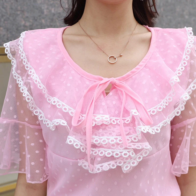 

Sweet beauty style summer new Women's Clothing tops fashion brand flare sleeve polka dot mesh patchwork o-neck lace Shirts hot