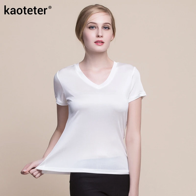 Женская футболка из 100% натурального шелка с v-образным вырезом и коротким рукавом