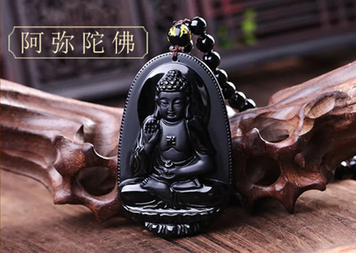 Amitabha черный Обсидиан Резной Будда счастливый амулет кулон ожерелье для женщин мужчин Подвески Ювелирные изделия Прямая