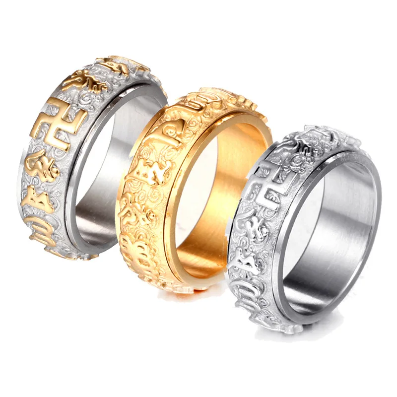 Sanskrit Buddhist Mantra Ring for Men Women Rotatable Gold Silver Color 316L Stainless Steel Buddhism Jewelry Drop Shipping | Украшения и