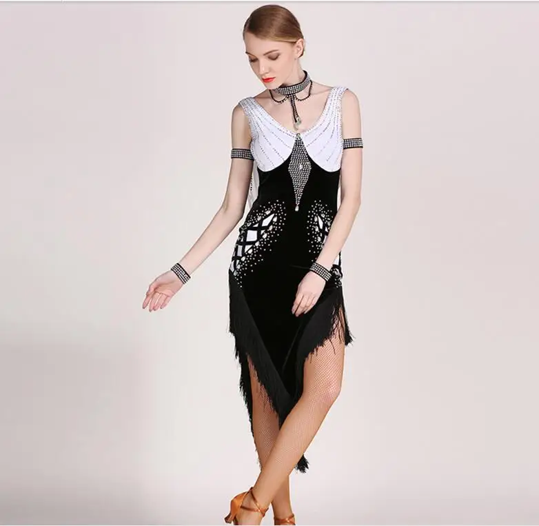 

Exquisite Luxury Rhinestone Tassel Latin dance dress Women Salsa Stage Performance Shinny