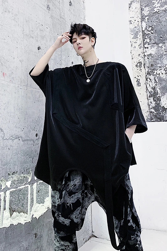 

2019 code!Summer dark personality ribbon decoration men's loose gold velvet short-sleeved t-shirt stage costumes tide.