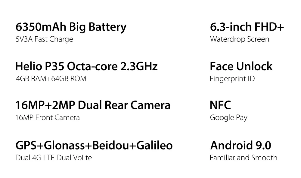 Ulefone Power 6 4GB 64GB Android 9.0 Cell Phone Face ID Fingerprint Unlock 6350mAh Battery 6.3'' Dual 4G NFC OTG Smartphone