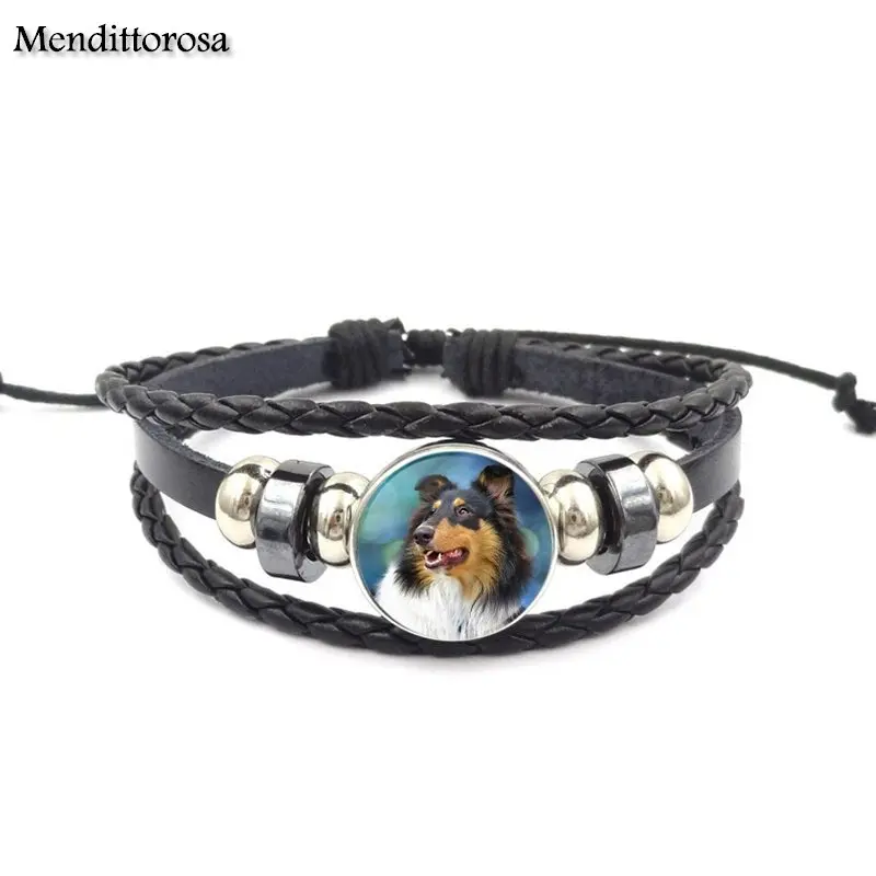 Mendittorosa Cute пес Шарпей Jewelry стеклянный кабошон черный кожаный браслет для унисекс |