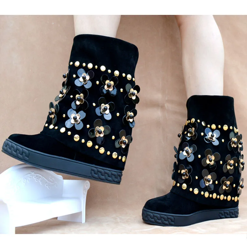 

Hot Fashion 8cm Black Cow Suede Mid-Calf Shoes Round Toe Height Increasing Women's Shoes Flower Rivet Platform Women's Boots