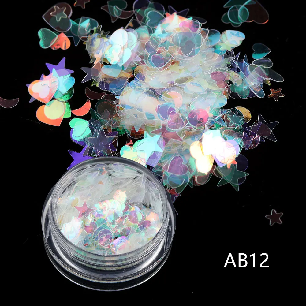 AB12 1 шт. переливающийся AB лак для ногтей блестки хлопья в виде звезды луны сердца круглый гвоздь блестящая голографическая пигмент маникюрный Декор Инструменты 15 типов - Цвет: AB12