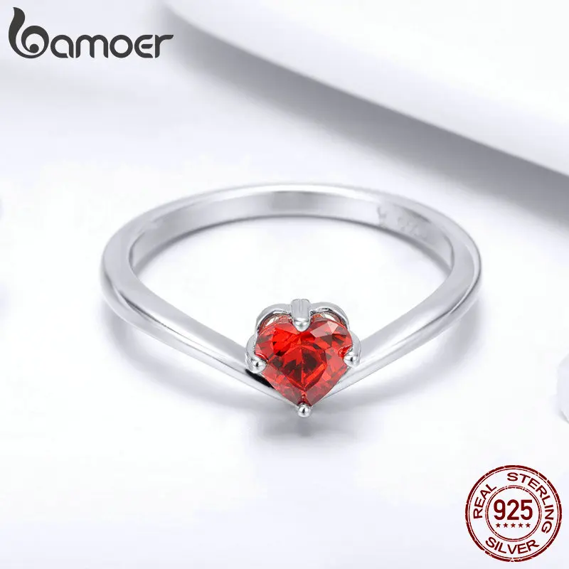 BAMOER 925 пробы серебряные романтические красные Оранжевые Кольца в форме сердца с кубическим цирконием для женщин Свадебные ювелирные изделия SCR458