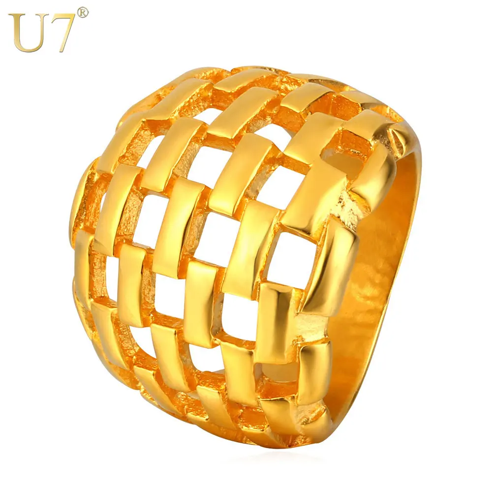 

U7 Big Ring Men Jewelry Wholesale Gold Color 21MM Wide Hollow Wedding Party Bands Stainless Steel Rings for Men R418
