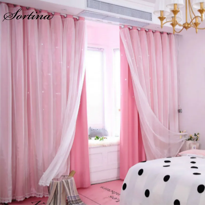 2 layer-pink Серые занавески для спальни, готовые затемненные двойные двери для детей, Римский желтый набор занавесок для гостиной, Детские занавески с полой звездой - Цвет: 2 layer-pink