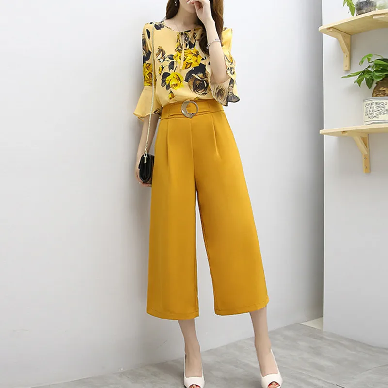 

UHYTGF Plus size 2 piece set Women Fashion print top+ wide leg pants Suits Female Elegant Women casual summer two-piece suit 614