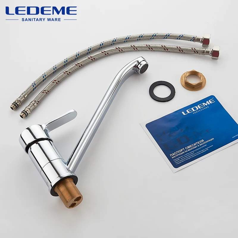 LEDEME Смеситель для кухни высокий нос с гайкой латунь Цвет: хром L4903 | Обустройство