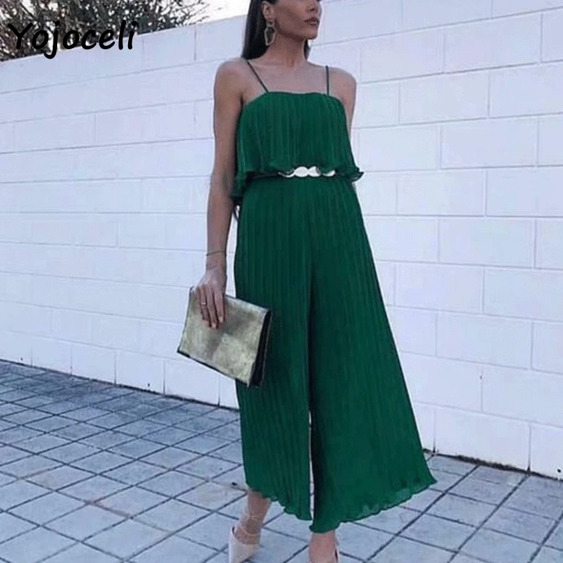 Yojoceli 2019 summer green pleated jumpsuit romper women streetwear wide leg strap female | Женская одежда