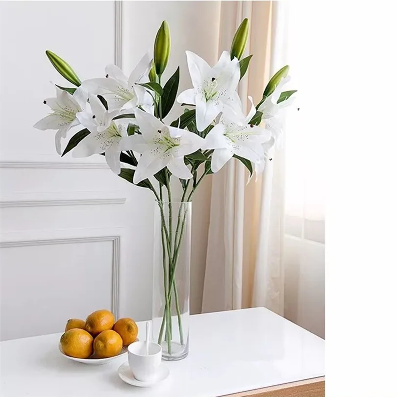 

4pcs Real Touch Lily Artificial Simulation Lilies PU lily Flowers 3 Heads/Piece 4 Colors for Wedding Xmas Home Decoration