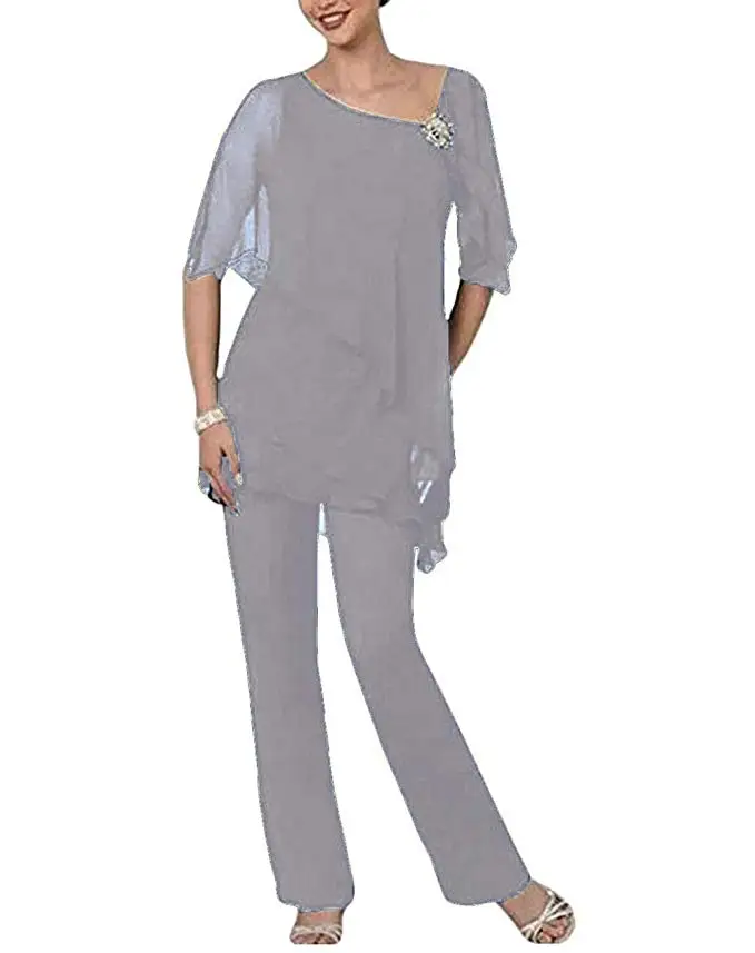 2019 Мать невесты платья костюмы с жакетами серые комплект из 3 предметов Чай Длина