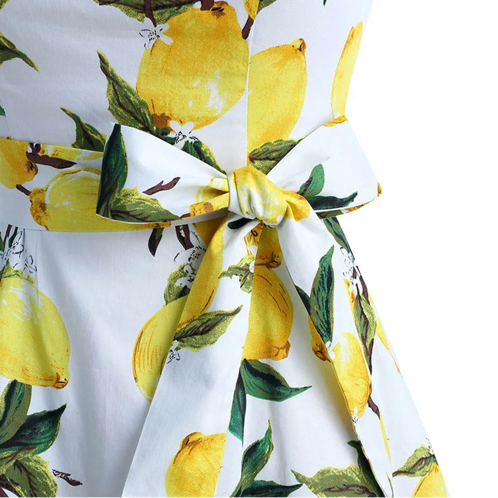 Ameision 2019 Summer Vintage Dresses Lemon Print Floral Knee-Length A Line O Neck 1950s Style Elegant Party Dress Sashes | Женская