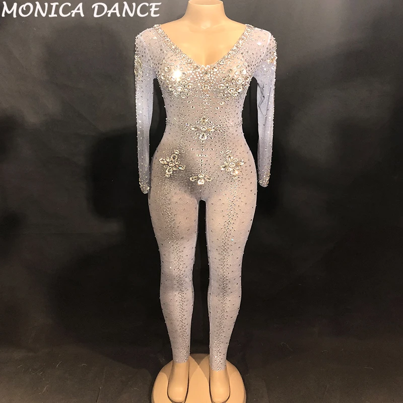 Women Sexy Stage Net Yarn Jumpsuit Big Glass Sparkling Crystals Bodysuit Nightclub Party Stage Wear Dancer Singer Bling Jumpsuit