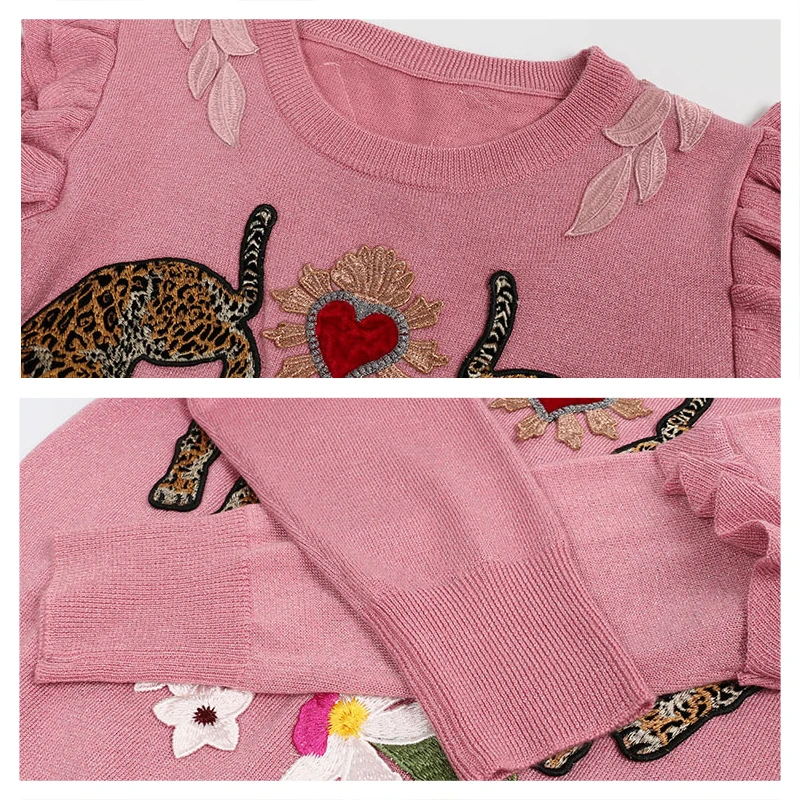 JOGTUME Women Sweaters 2018 Spring Winter Flower Leopard Embroidery O Collar Ruffles Full Sleeve Ladies Fashion Casual Pullovers | Женская