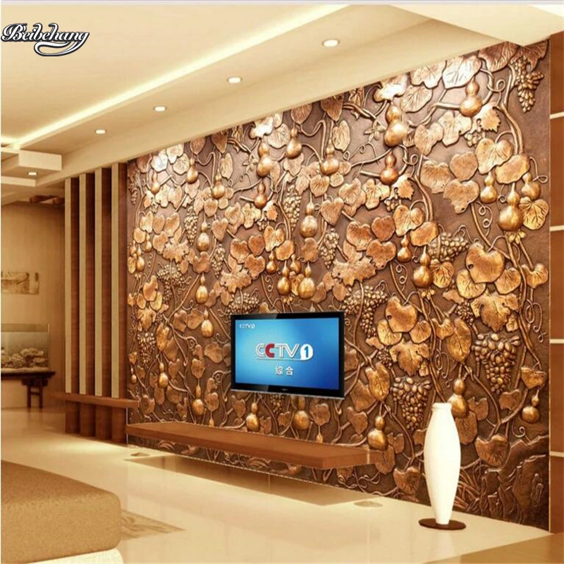 Бронзовые обои с тиснеными лозами для телевизора большой фон на заказ нетканые