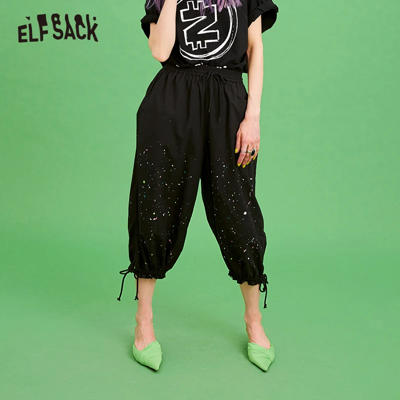 Женские уличные шаровары из хлопка ELF SACK черные с масляным принтом дамские брюки