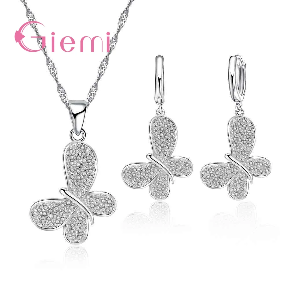 

Fast Ship Engagement Wedding 925 Sterling Silver Jewelry Earring Sets Chain Cute Butterfly Crystal Necklace Women Bijoux