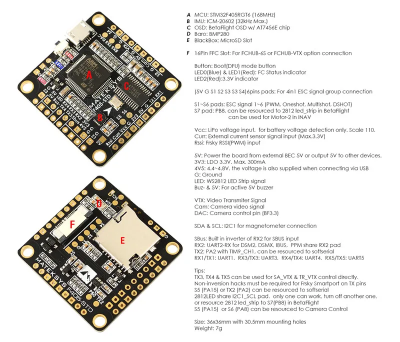 Матек Mateksys BetaFlight F405 STD с OSD FCHUB 6S PDB полета Управление доска DShot выходы STM32F405 для