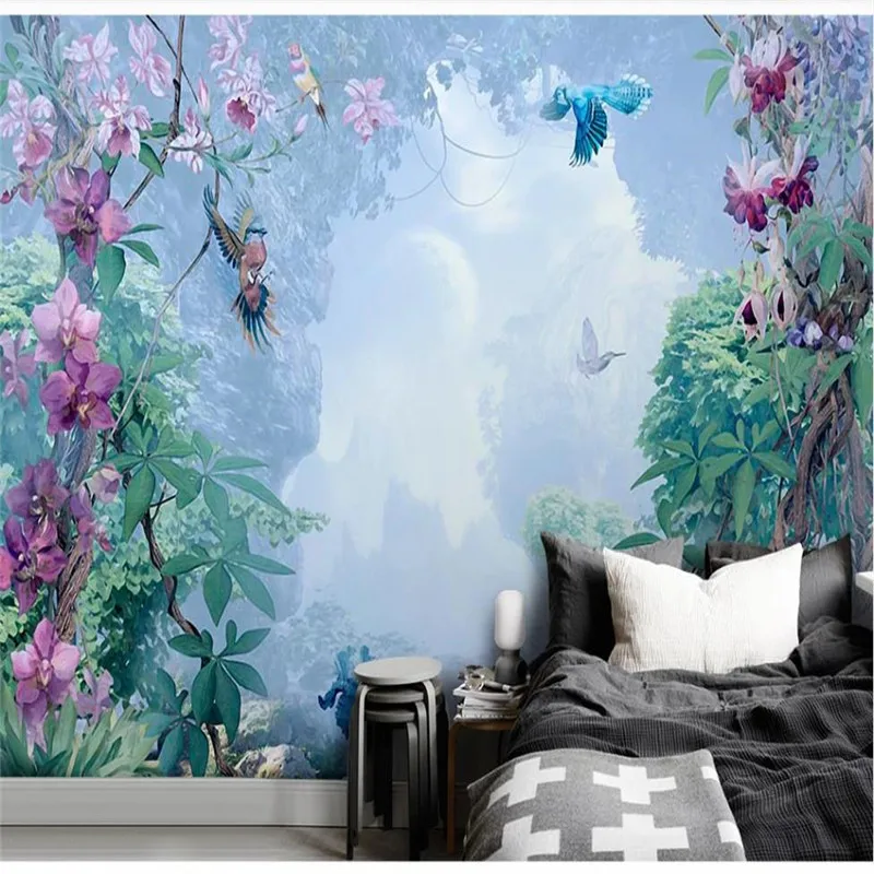 Custom wallpaper Nordic hand-painted small fresh tropical plants flowers and birds background decorative waterproof material |