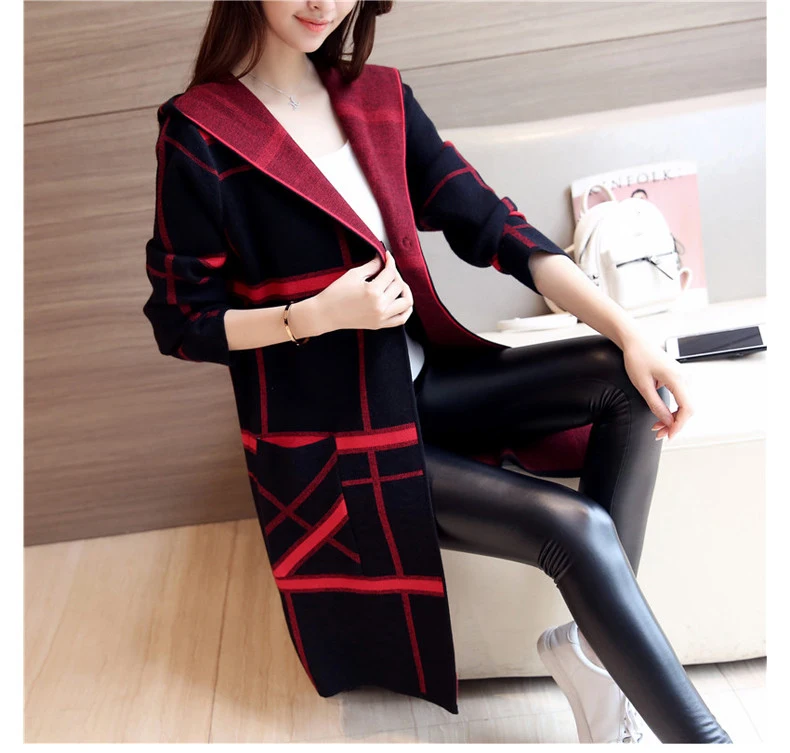 2020 New Autumn Winter Hooded Plaid Women Sweater Coat Long sleeve Medium long Knitted S-XL SES480 |