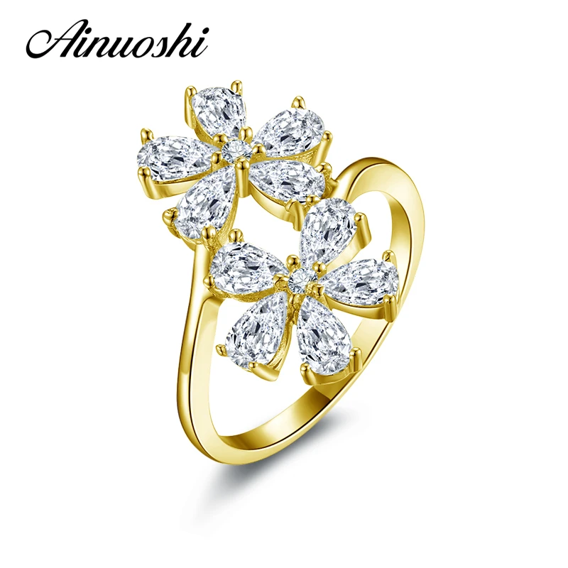 AINUOSHI 14 K, однотонный желтный золотистый цветок, кольцо, винтажное микро грушевидное кольцо с имитацией бриллиантов, обручальное кольцо с кисточкой для женщин