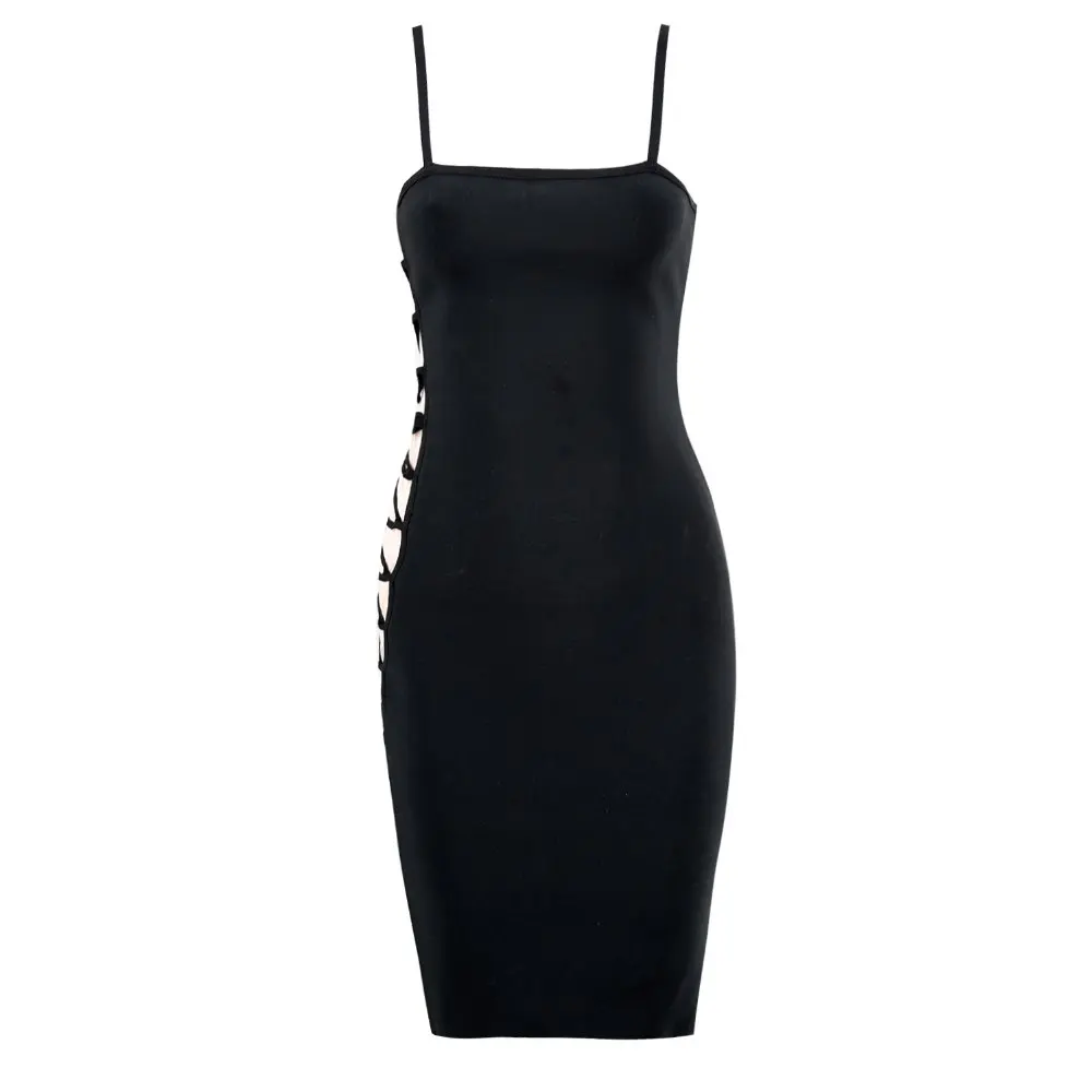 Платье для вечеринки женское летнее черное мини без рукавов с кружевным вырезом и завязками на лямках.