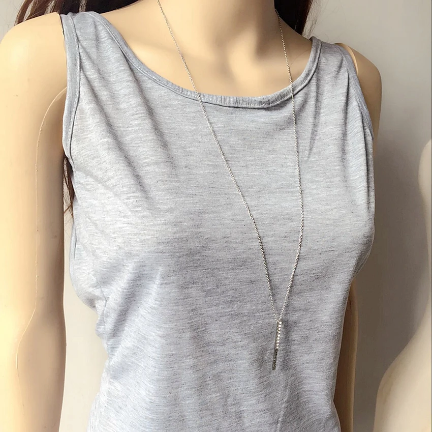 

New Rhodium Crystal Bar Simple Pendant Necklace Long Jewelry