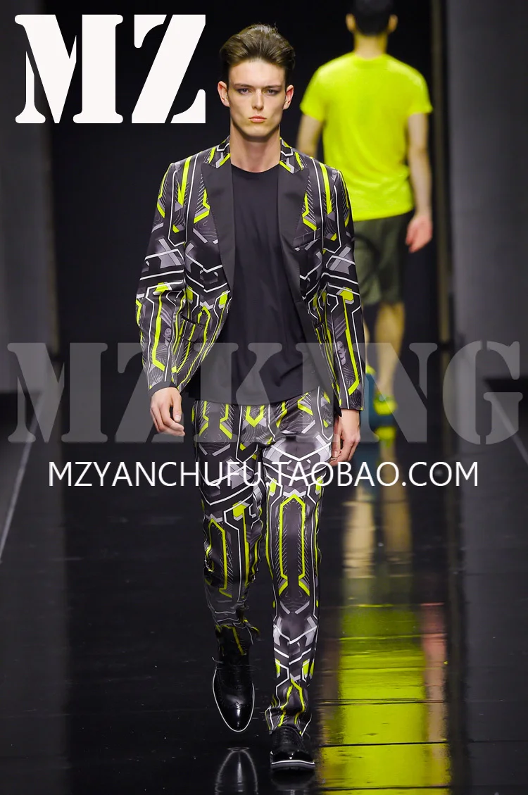 

S-5xl! Мужской облегающий костюм, европейский стиль, желтый, черный, с геометрическим узором, эластичный, с сатиновой поверхностью