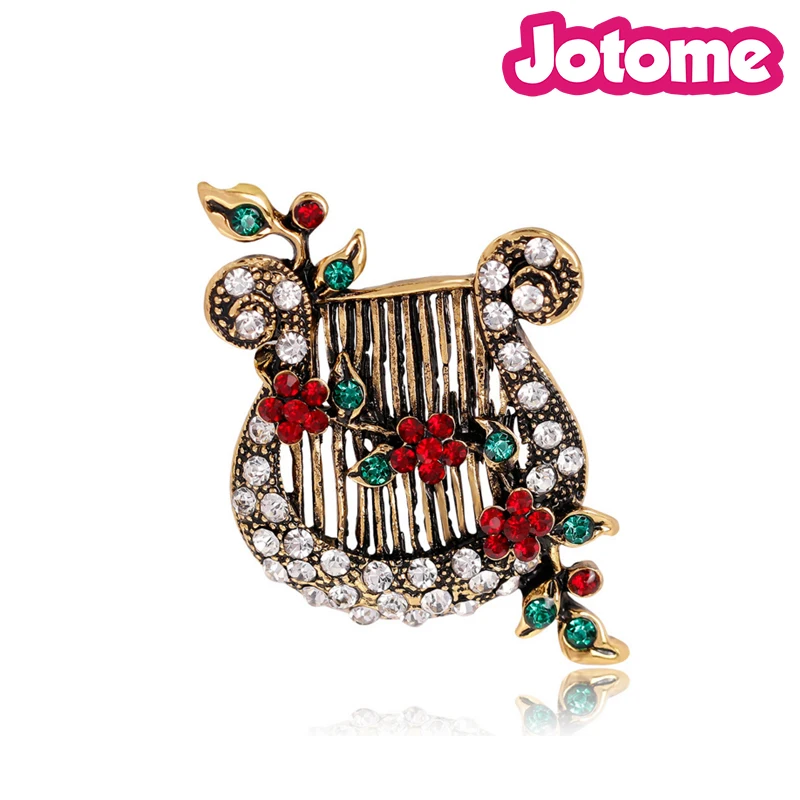 

Gold Tone Christmas Xmas Holiday Gifts Harp Zithern with Rose Flower Rhinestone Pin Brooch For women Fashion Jewelry