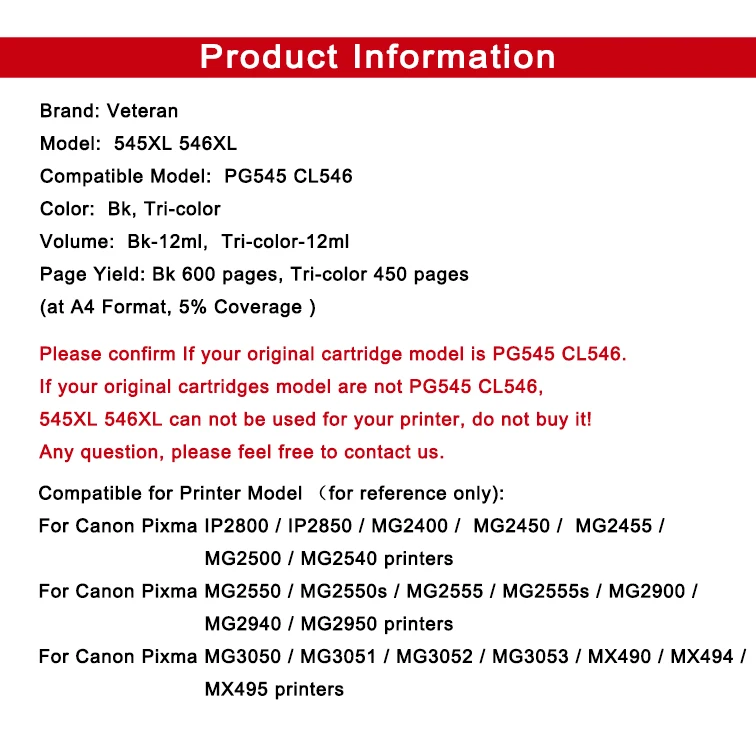Чернильный картридж Veteran PG545 CL546 для Canon PG 545 CL 546 545XL Pixma IP2850 MX495 MG2450 MG2550 MG2950