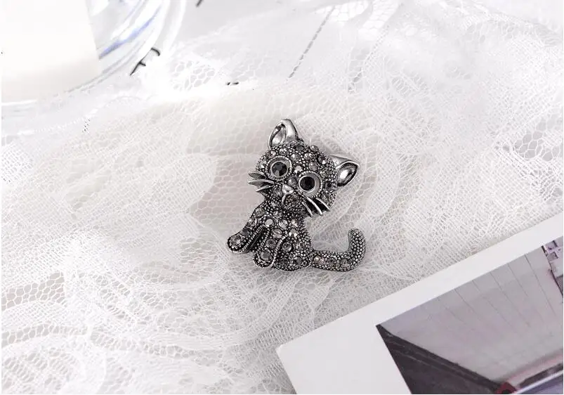 604 Винтажная брошь в виде милого кота с кристаллами булавка для свитера значок