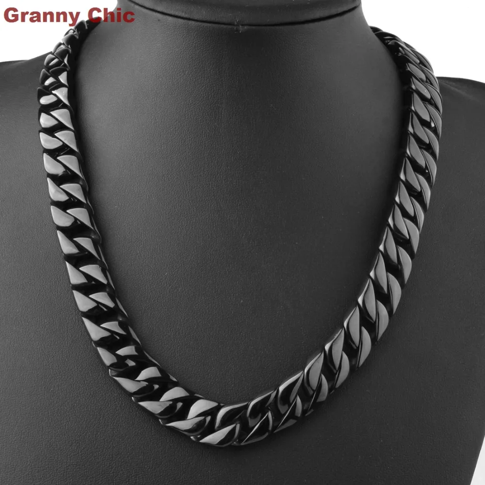 

Granny Chic 7"-40" Men's Hip Hop Black Color High Quality Stainless Steel Curb Chain Necklace or Bracelet 15mm