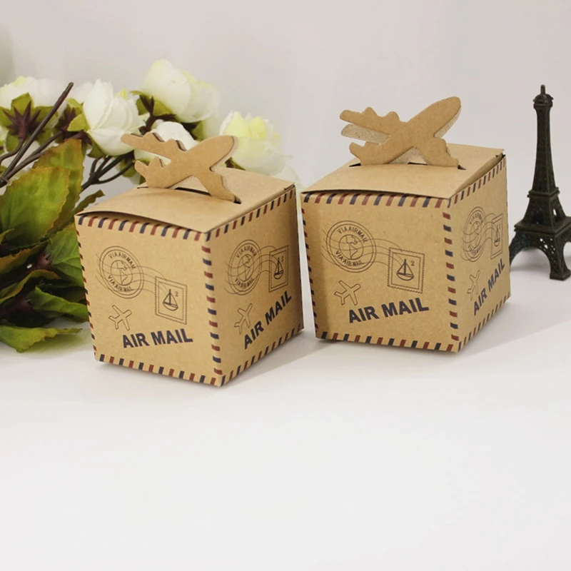 20pcs/lot Wedding Favors &quotAir Mail&quot Plane Aircraft Airplane Kraft Candy Box Gift Boxes for traveling theme wedding decoration | Дом и