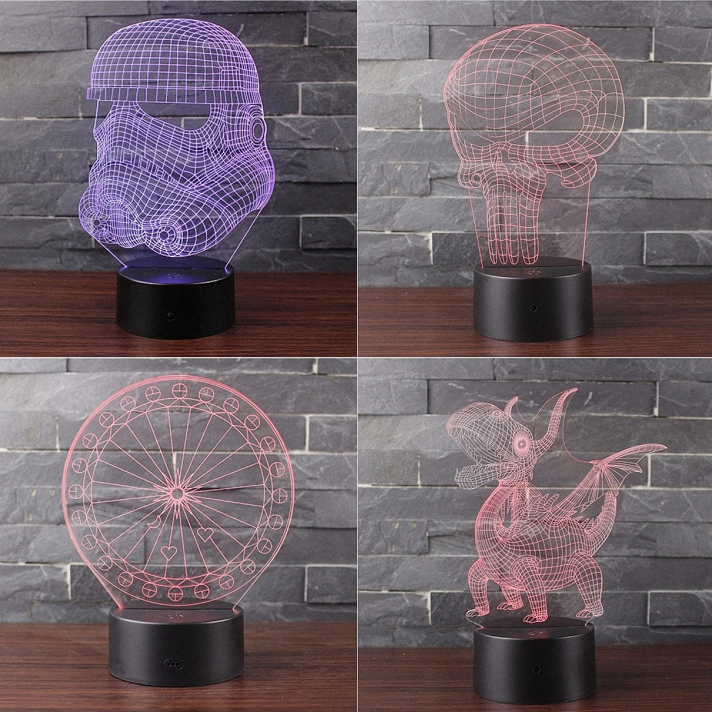 LED творческий 3D светильник света акриловая USB Touch Сенсор лампа Штурмовик череп