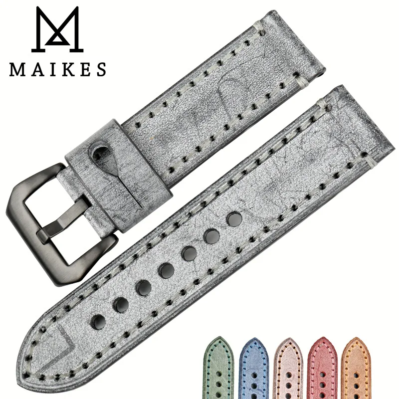 

MAIKES New 22mm 24mm watchbands vintage black leather watch strap watch accessories watch bracelet for Panerai watch band