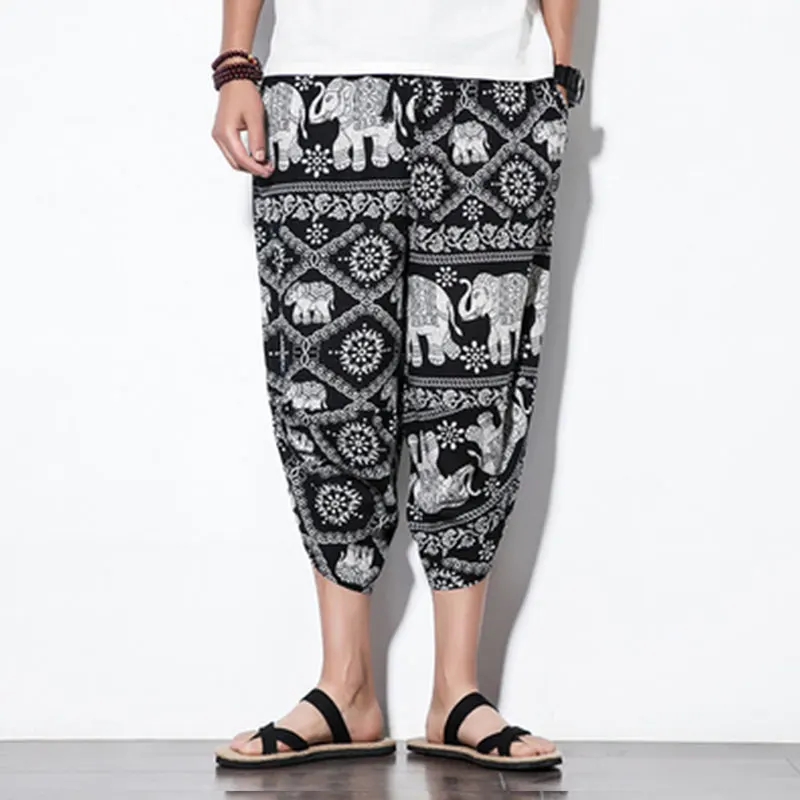 Ретро богемский теленок длина хлопок лен штаны мужские брюки хип хоп Jogger Брюки