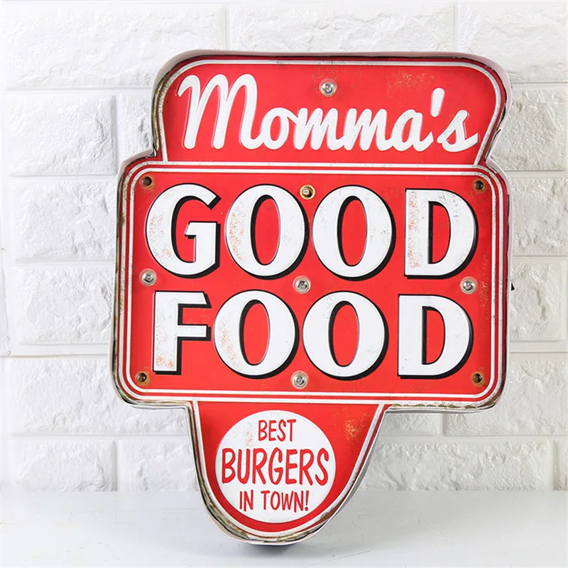 Ретро Momma's хорошая еда светодиодный оловянные вывески гамбургеров пицца