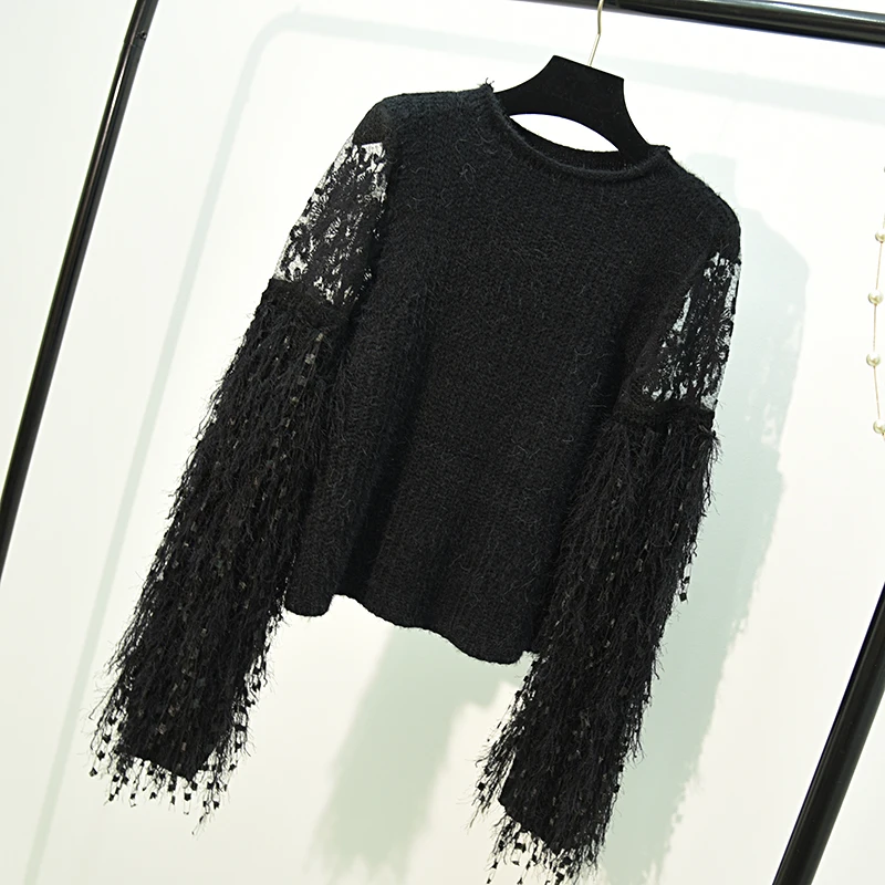 CHICEVER Knitting Mesh Lace Autumn Female Sweater For Women Top Pullovers Hollow Tassel Sweaters Jumper Clothes Fashion Korean | Женская