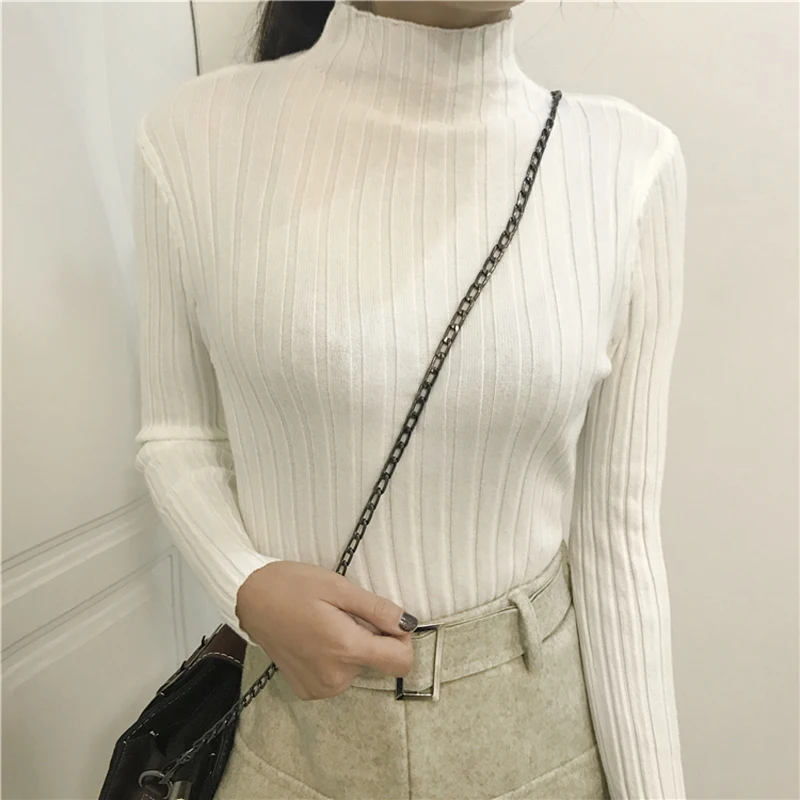 Spring Skinny Striped Women Sweater Half-Turtleneck Full Sleeve Knitted Pullovers Knitwear Femme Elastic Knitting Jumper 2019 | Женская