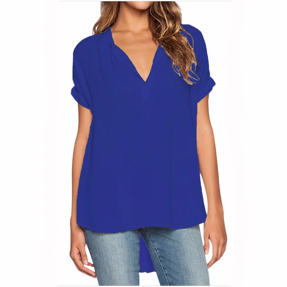 Women Summer Chiffon Tees Solid Simple V-neck Short Sleeve Loose Tops MT1443 | Женская одежда