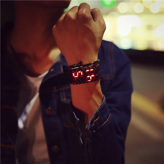 black red 20mm Корейский стиль, мужские и женские цифровые наручные часы, Креативный светодиодный светильник, электронные мужские и женские часы, модные повседневные часы-браслет - Цвет: black red 20mm